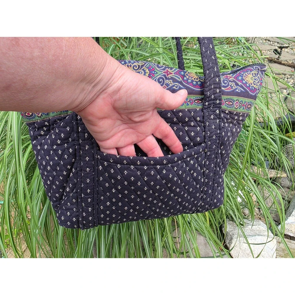 Vera Bradley Provencal Quilted Cotton Zip Top Tote Bag Navy Paisley Shoulder Bag